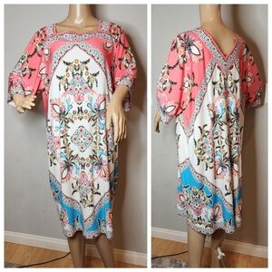 Studio One Dress Pullover Stretchy Coral Pink Blue Size 2X